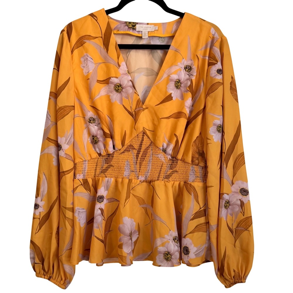 Ted Baker London Saniyah Yellow Floral Smocked Waist Peplum Blouse Top Size 5 XL